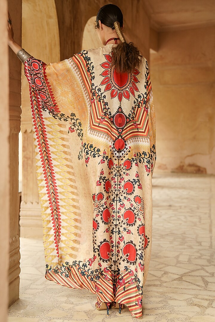 Mustard Printed & Embroidered Kaftan by Rajdeep Ranawat at Pernia's Pop Up Shop