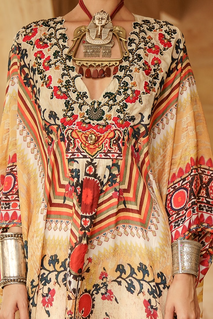 Mustard Printed & Embroidered Kaftan by Rajdeep Ranawat at Pernia's Pop Up Shop