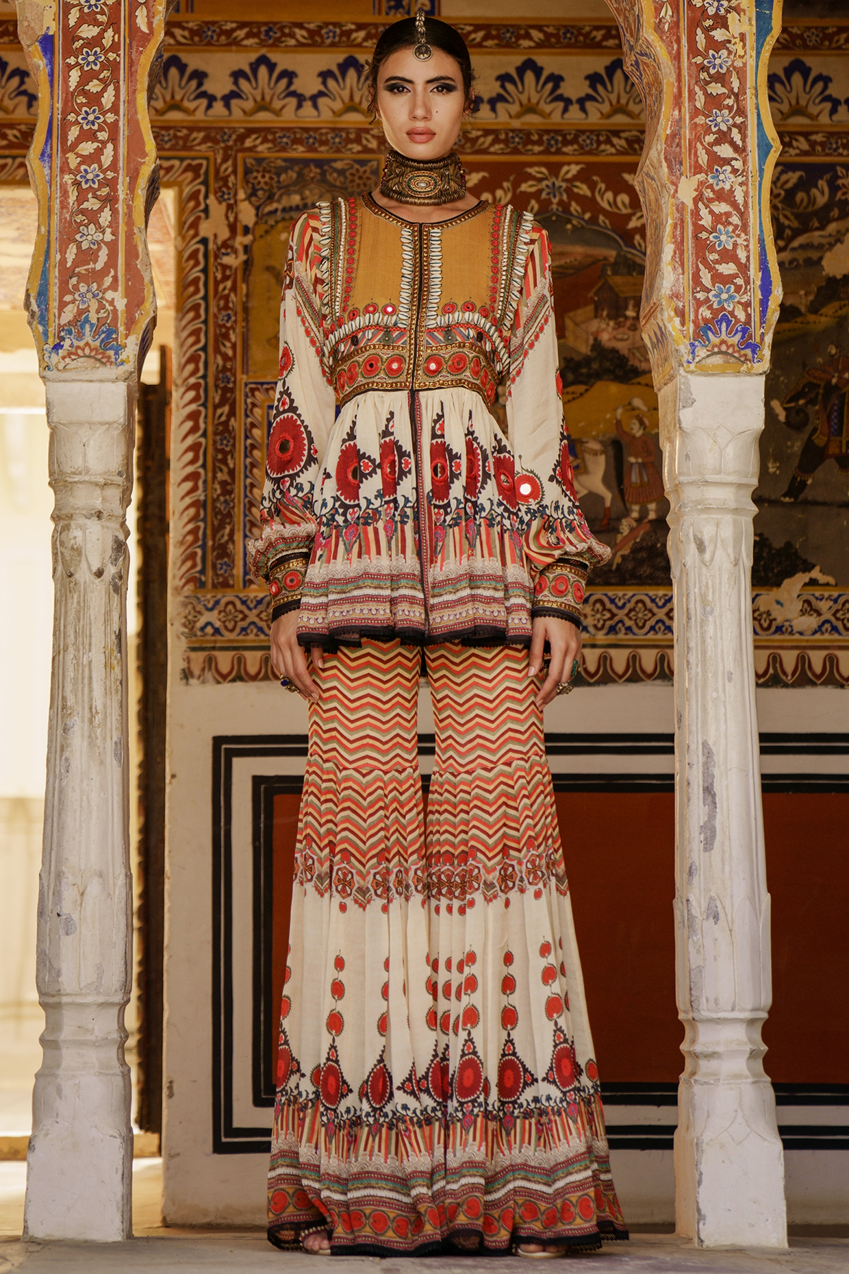 Mustard Printed & Embroidered Tunic Set by Rajdeep Ranawat at Pernia's Pop Up Shop