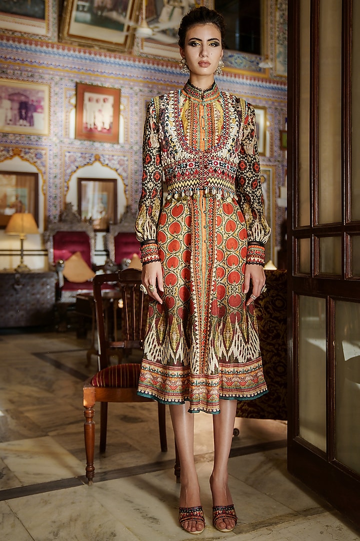 Brown Printed Shirt Dress With Embroidered Waistcoat by Rajdeep Ranawat