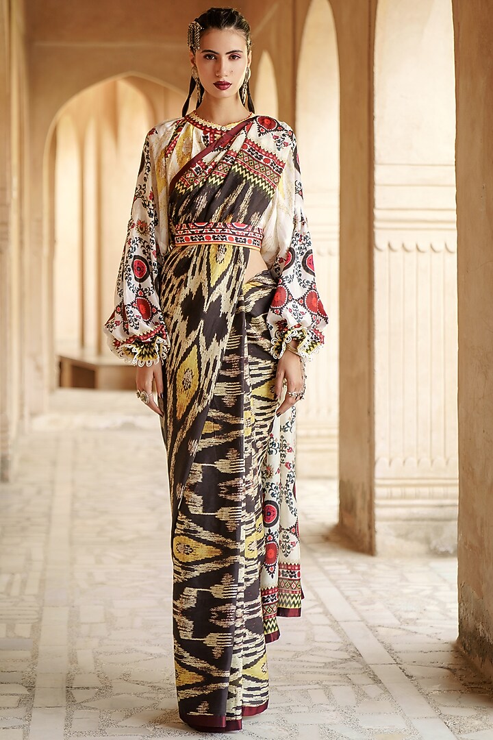 Black & Mustard Printed Wedding Saree Set by Rajdeep Ranawat at Pernia's Pop Up Shop