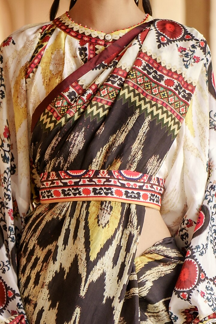 Black & Mustard Printed Wedding Saree Set by Rajdeep Ranawat at Pernia's Pop Up Shop