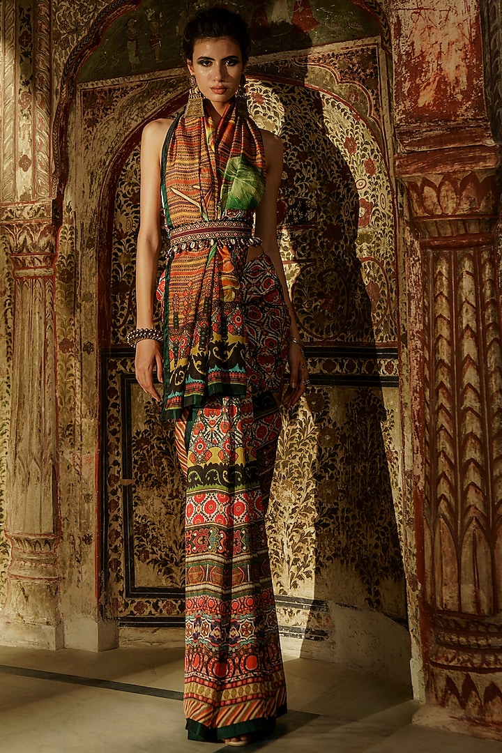 Multi Colored  Silk Printed Saree Set by Rajdeep Ranawat