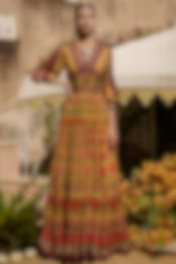 Mustard Printed Paneled Dress by Rajdeep Ranawat