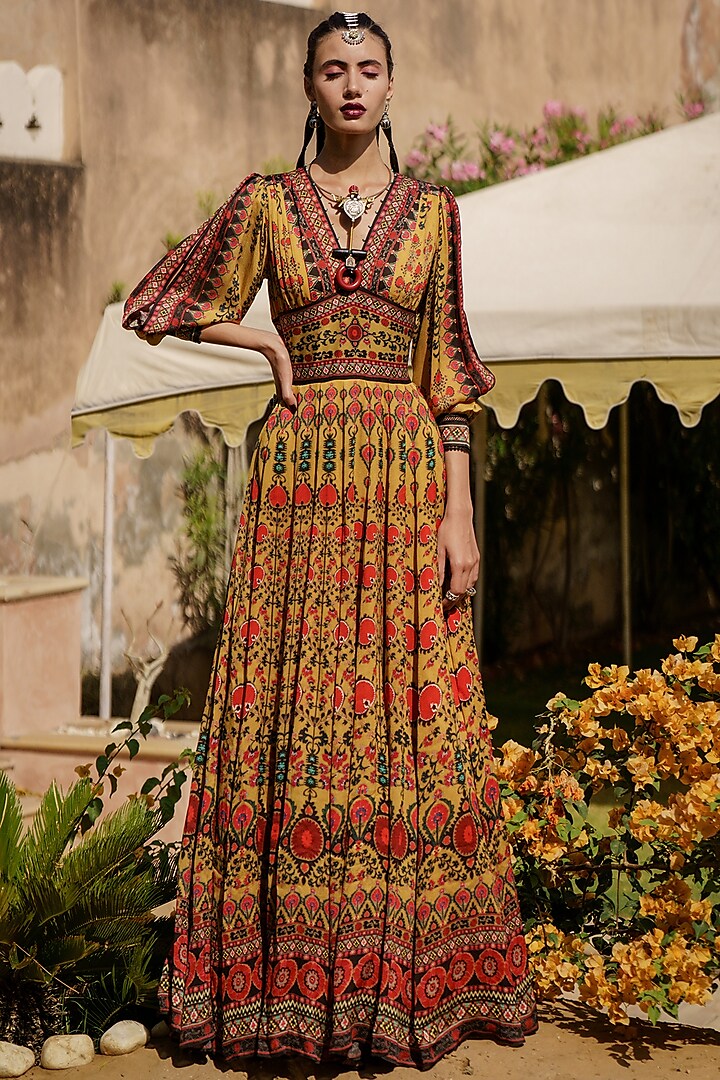 Mustard Printed Paneled Dress by Rajdeep Ranawat