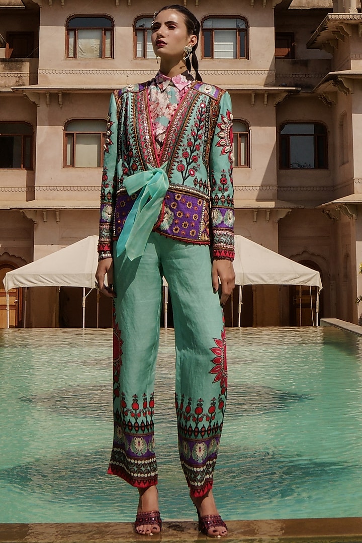 Aqua & Purple Silk Printed Palazzo Pant Set by Rajdeep Ranawat at Pernia's Pop Up Shop