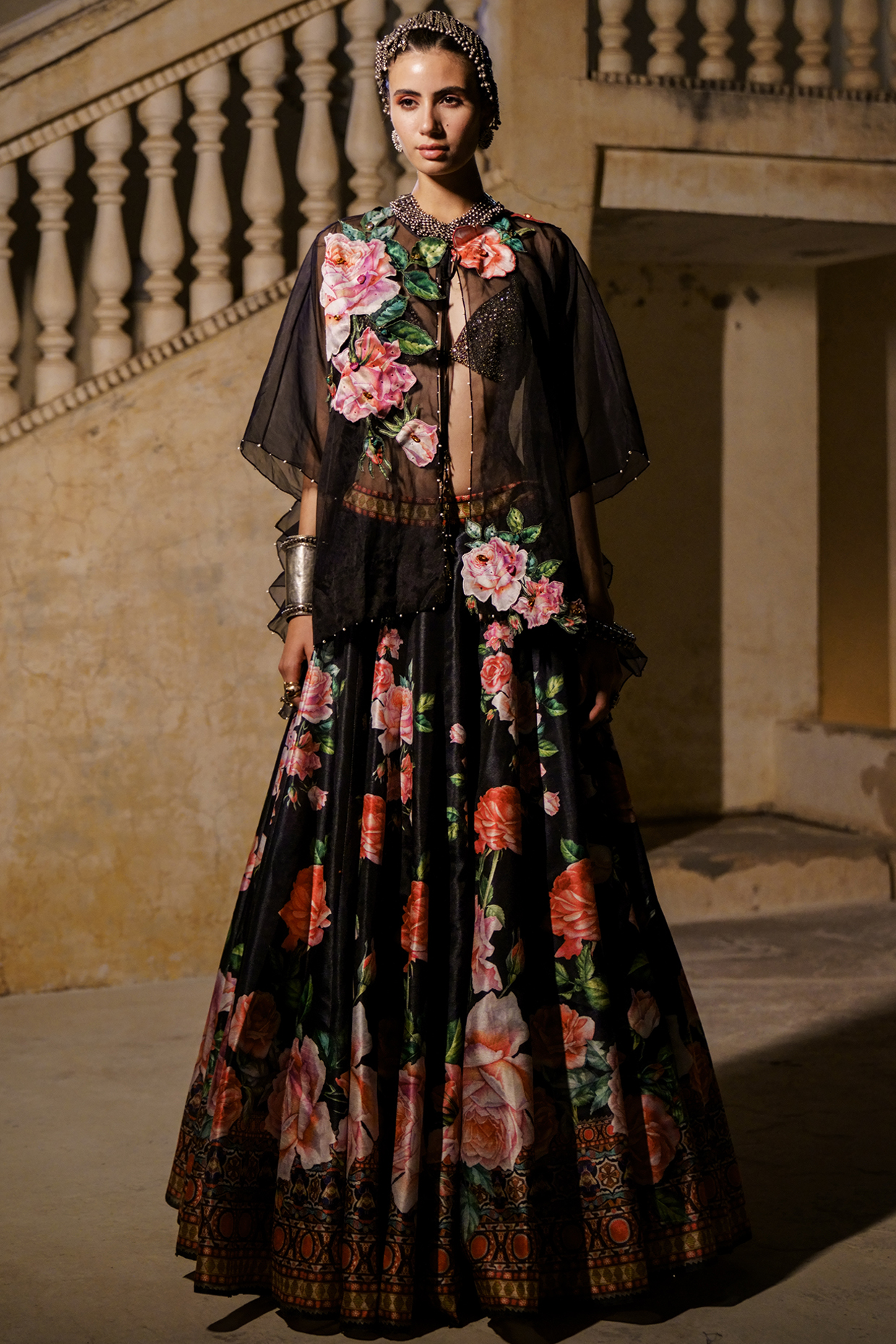 Black Printed & Embroidered Skirt Set by Rajdeep Ranawat