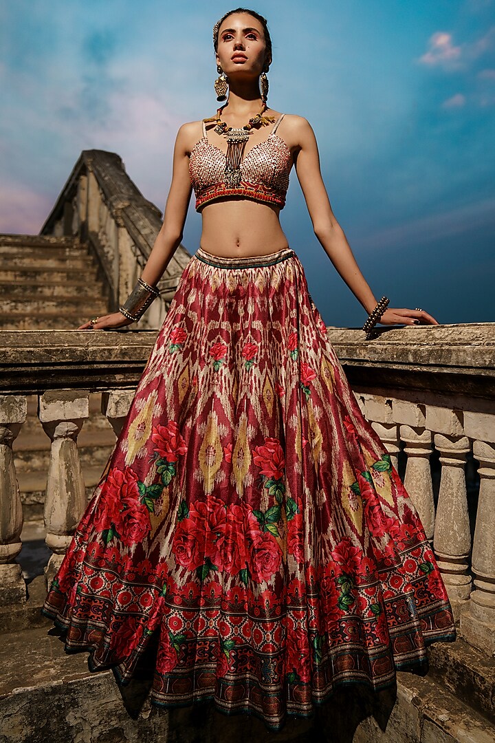 Warm Berry & Pearl Printed Skirt Set by Rajdeep Ranawat at Pernia's Pop Up Shop