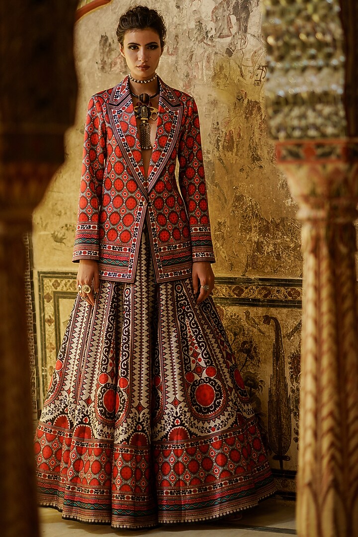 Ivory & Red Printed Skirt Set by Rajdeep Ranawat at Pernia's Pop Up Shop