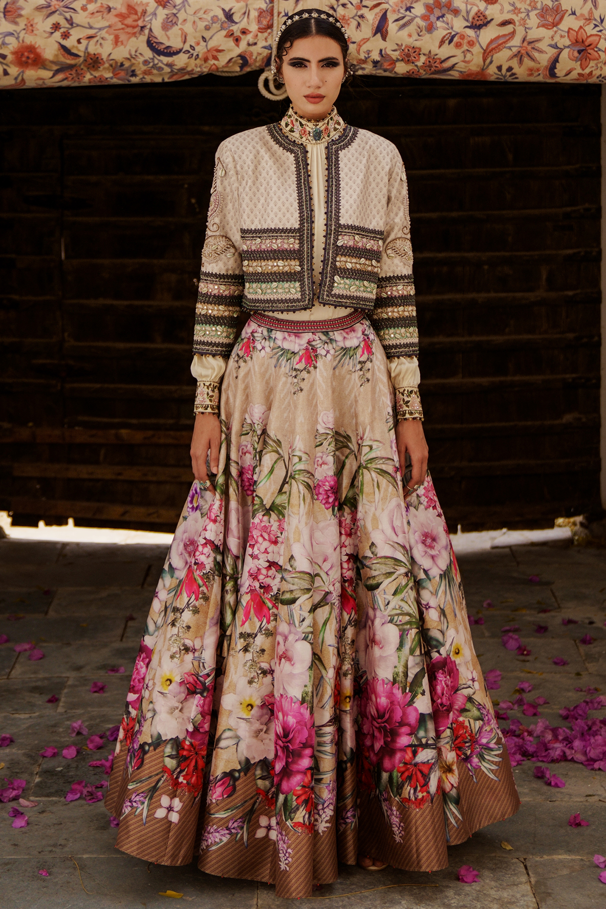 Egg Shell White Printed Skirt Set by Rajdeep Ranawat at Pernia's Pop Up Shop