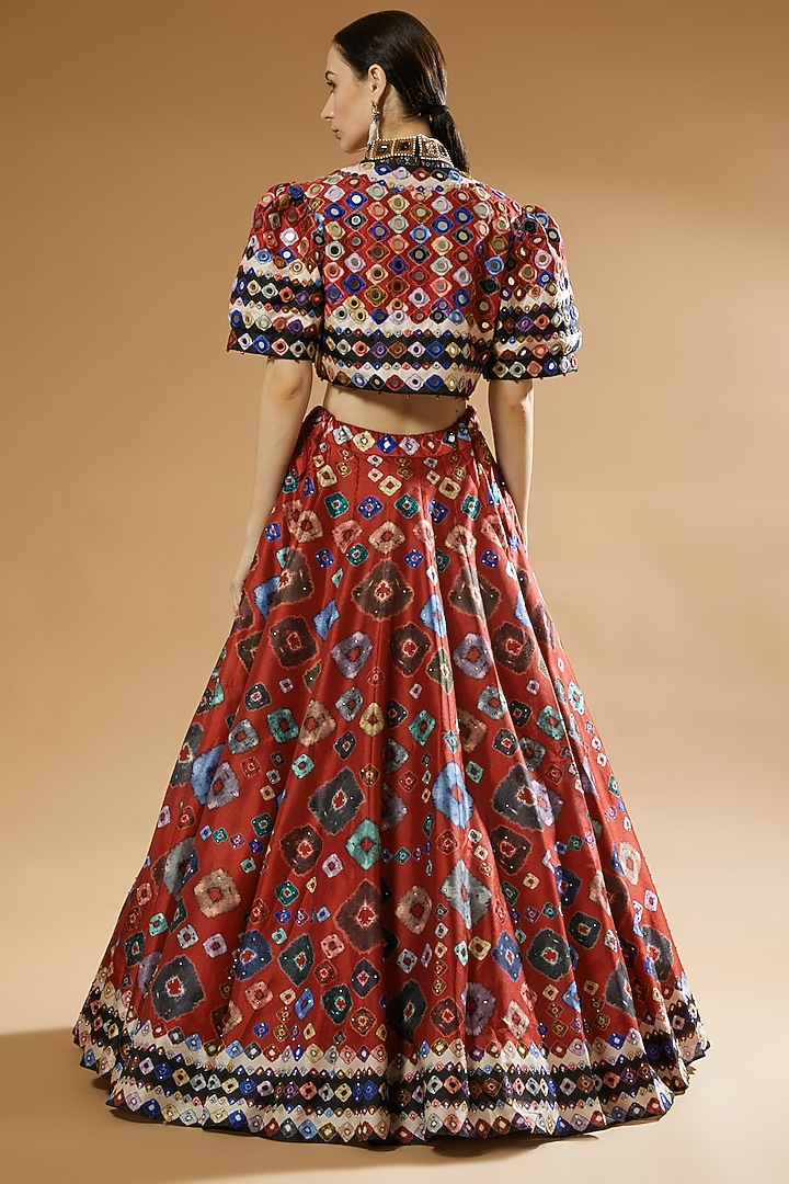 Red Dupion Jacket Wedding Lehenga Set by Rajdeep Ranawat at Pernia's Pop Up Shop