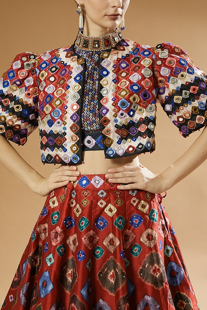 Red Dupion Jacket Wedding Lehenga Set by Rajdeep Ranawat at Pernia's Pop Up Shop