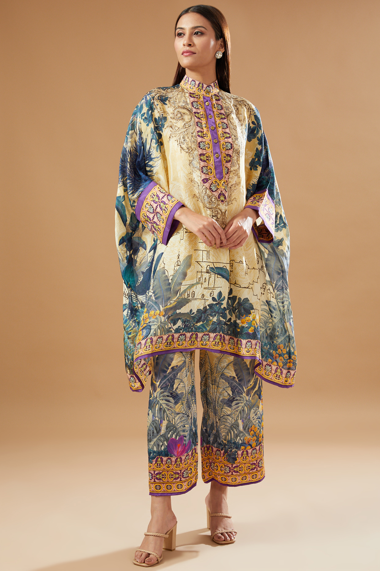 Beige & Blue Silk Printed Kurta Set by Rajdeep Ranawat at Pernia's Pop Up Shop