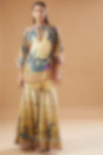 Beige & Blue Silk Printed Gharara Set by Rajdeep Ranawat at Pernia's Pop Up Shop