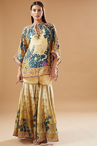 Beige & Blue Silk Printed Gharara Set by Rajdeep Ranawat