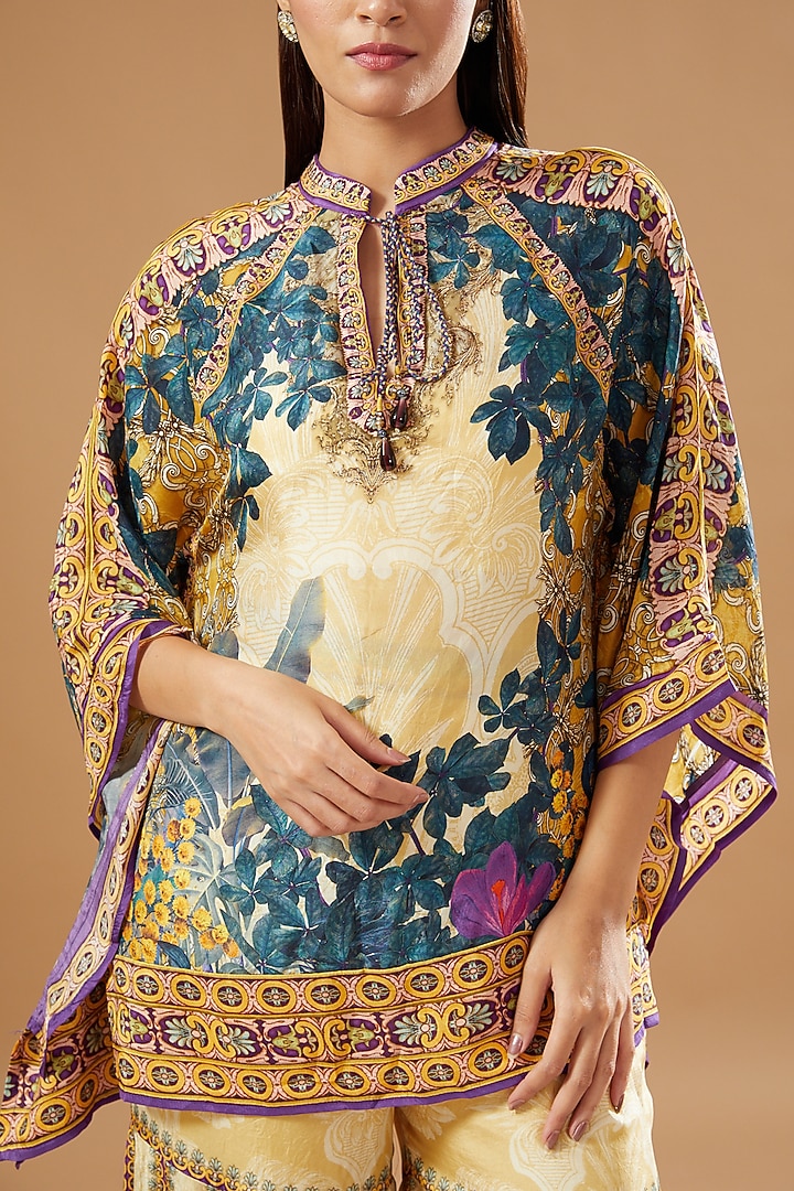 Beige & Blue Silk Printed Gharara Set by Rajdeep Ranawat at Pernia's Pop Up Shop