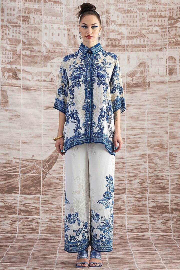 White & Blue Silk Shirt Top by Rajdeep Ranawat