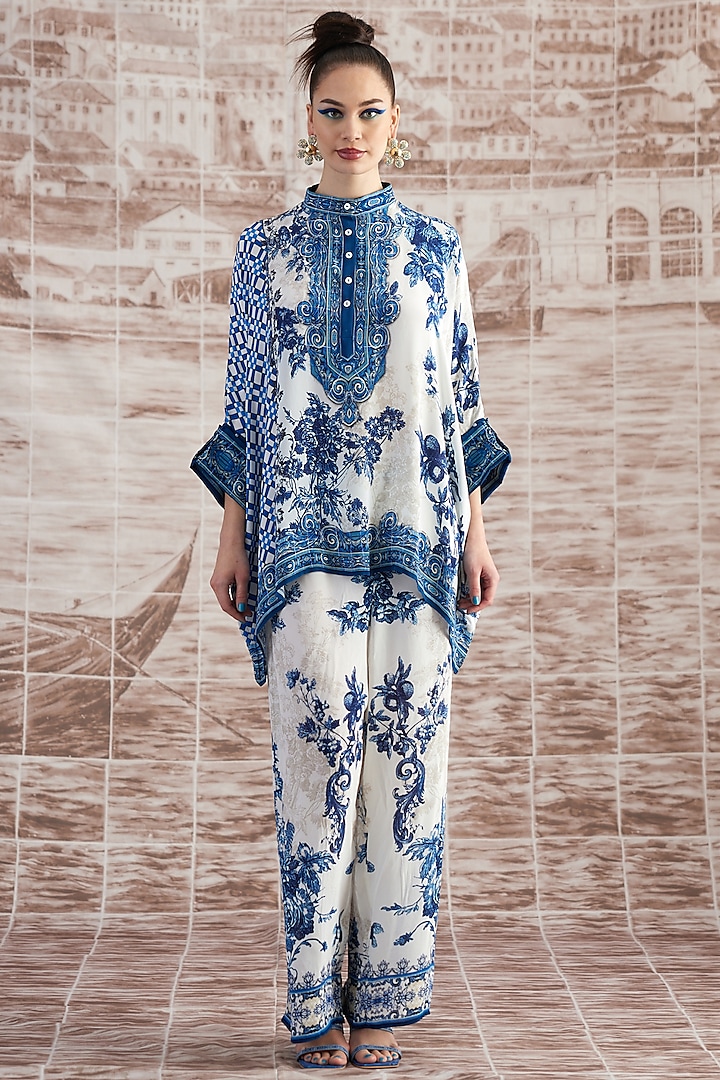 White & Blue Silk Poncho Tunic by Rajdeep Ranawat