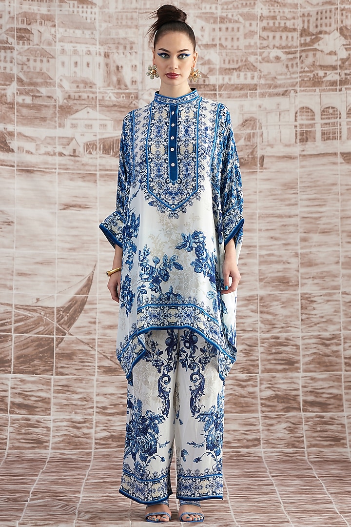 White & Blue Silk Poncho Tunic by Rajdeep Ranawat