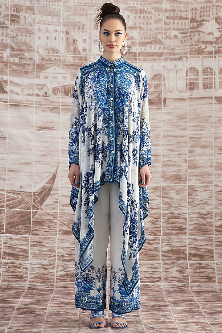 White & Blue Silk Kaftan Shirt   by Rajdeep Ranawat