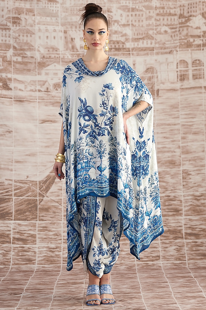 White & Blue Silk Draped Tunic by Rajdeep Ranawat