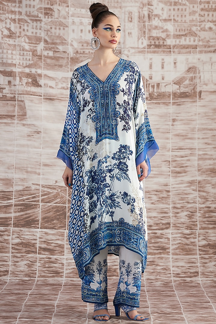White & Blue Silk Kaftan Dress by Rajdeep Ranawat