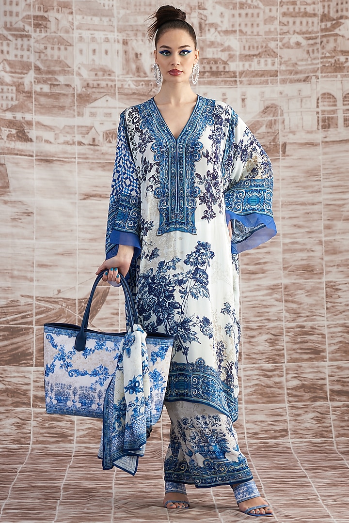 White & Blue Silk Kaftan Dress by Rajdeep Ranawat at Pernia's Pop Up Shop  2026