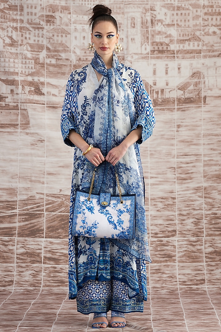 White & Blue Kota Silk Printed Stole by Rajdeep Ranawat