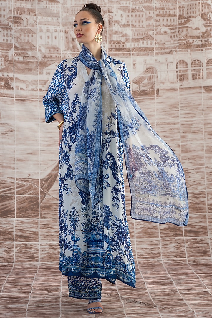 White & Blue Kota Silk Printed Stole by Rajdeep Ranawat at Pernia's Pop Up Shop