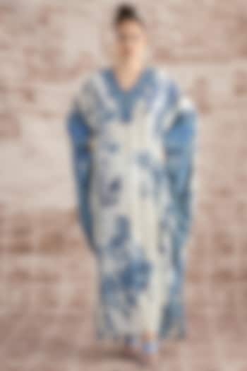 White & Blue Silk Printed Kaftan by Rajdeep Ranawat at Pernia's Pop Up Shop