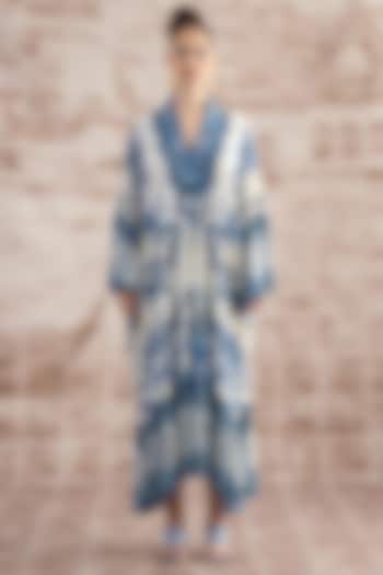 White & Blue Silk Gathered Dress by Rajdeep Ranawat
