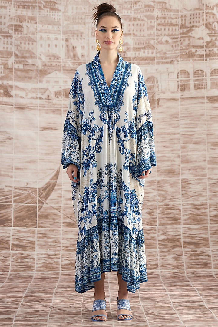 White & Blue Silk Gathered Dress by Rajdeep Ranawat