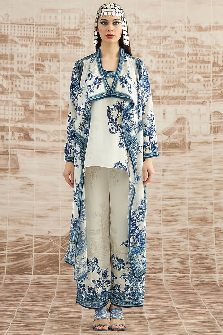 White & Blue Silk Cover-Up Jacket by Rajdeep Ranawat at Pernia's Pop Up Shop