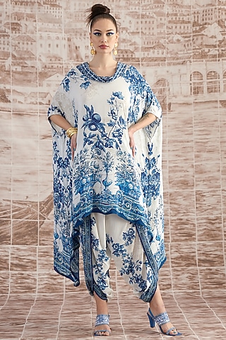 White & Blue Satin Dhoti Pants by Rajdeep Ranawat