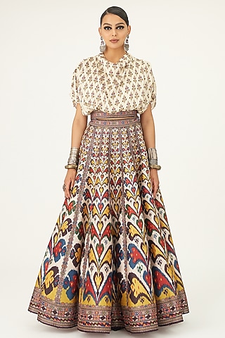 Beige Satin & Silk Dupion Printed Skirt Set by Rajdeep Ranawat