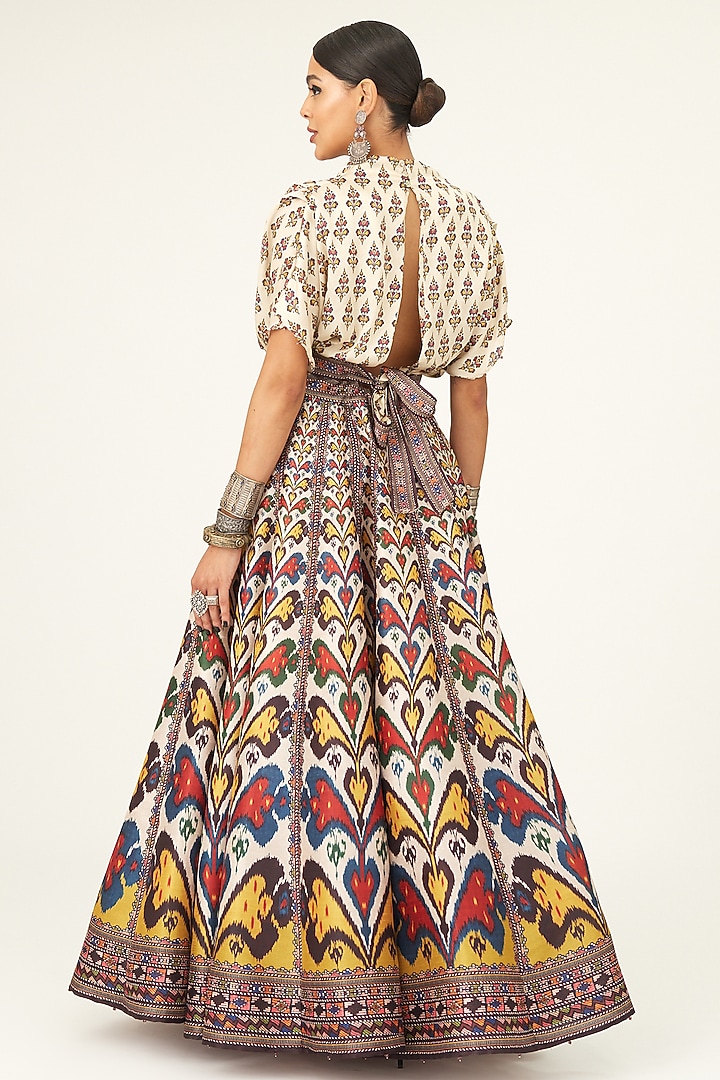 Beige Satin & Silk Dupion Printed Skirt Set by Rajdeep Ranawat at Pernia's Pop Up Shop
