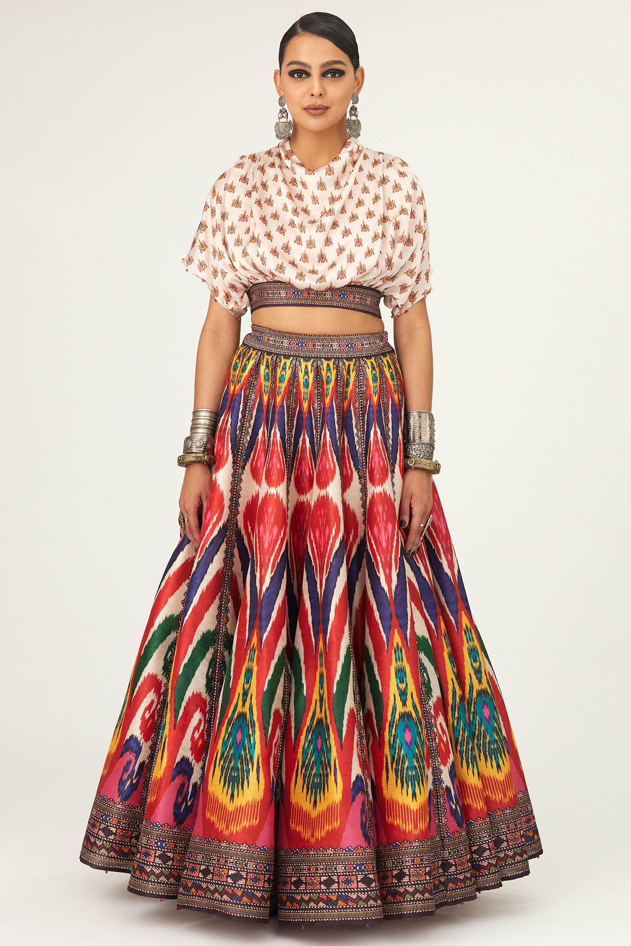 Multi-Colored Satin & Silk Dupion Printed Skirt Set by Rajdeep Ranawat at Pernia's Pop Up Shop