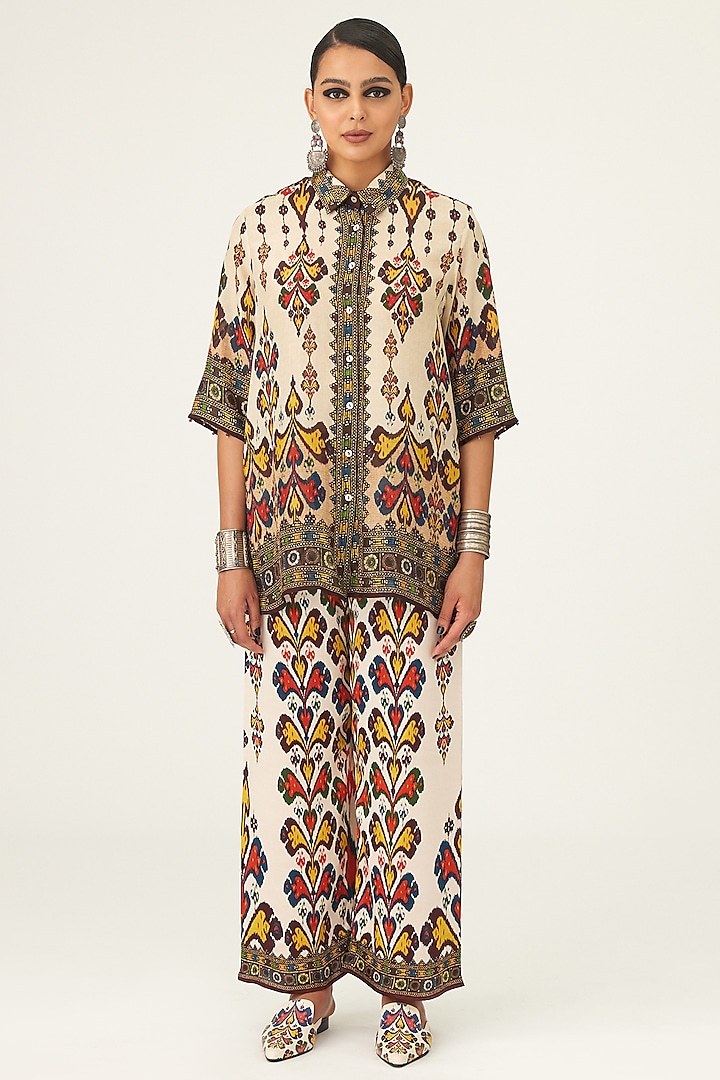 Beige Silk Printed Shirt by Rajdeep Ranawat at Pernia's Pop Up Shop