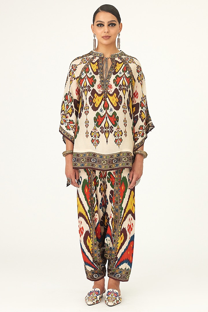 Beige Silk Printed Poncho Top by Rajdeep Ranawat at Pernia's Pop Up Shop