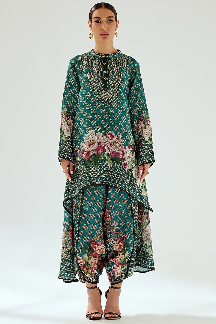 Teal Silk Printed Hilo Tunic by Rajdeep Ranawat at Pernia's Pop Up Shop