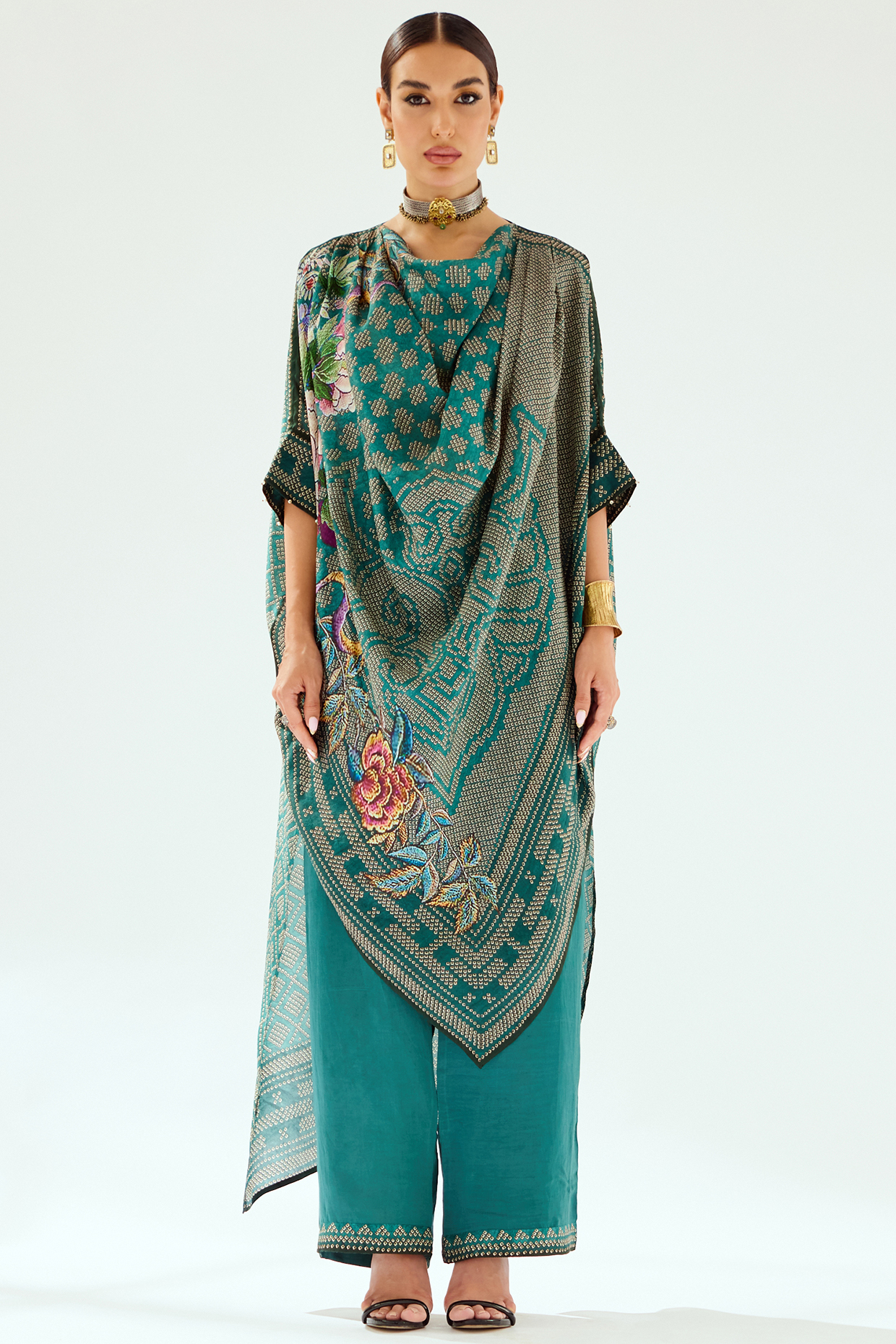 Teal Silk Printed Kaftan Tunic by Rajdeep Ranawat at Pernia's Pop Up Shop