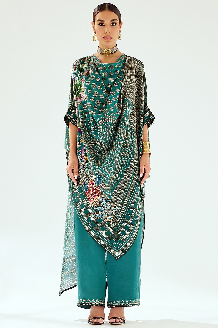 Teal Silk Printed Kaftan Tunic by Rajdeep Ranawat at Pernia's Pop Up Shop