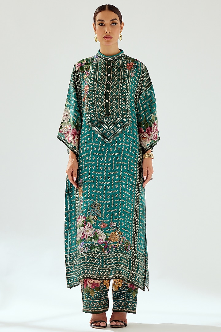 Teal Silk Printed Tunic by Rajdeep Ranawat at Pernia's Pop Up Shop