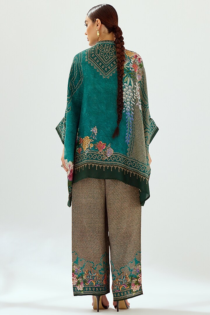 Teal Satin Printed Pants by Rajdeep Ranawat at Pernia's Pop Up Shop