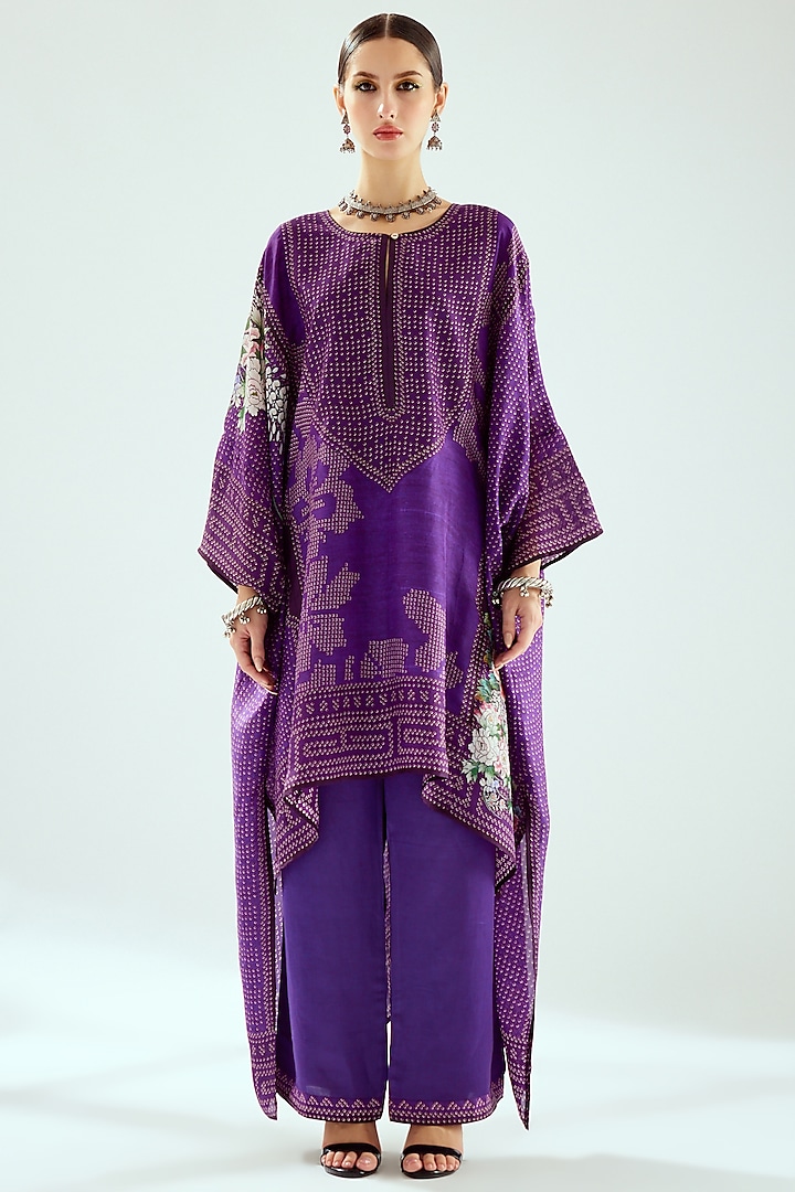 Purple Silk Printed Hi-Low Kaftan by Rajdeep Ranawat at Pernia's Pop Up Shop