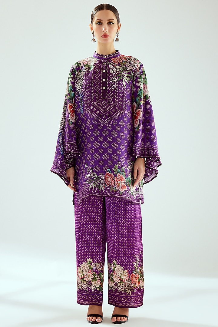 Purple Satin Printed Pants by Rajdeep Ranawat