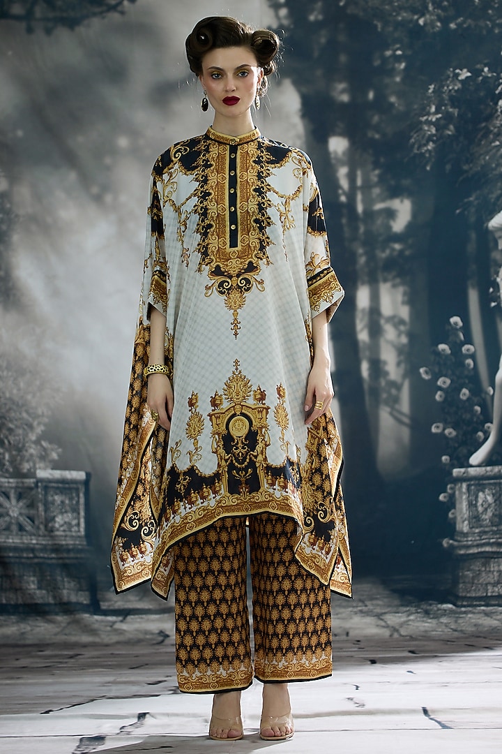 Black & Gold Silk Printed Tunic Set by Rajdeep Ranawat at Pernia's Pop Up Shop