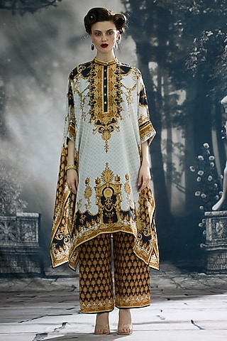 Black & Gold Silk Printed Tunic Set by Rajdeep Ranawat