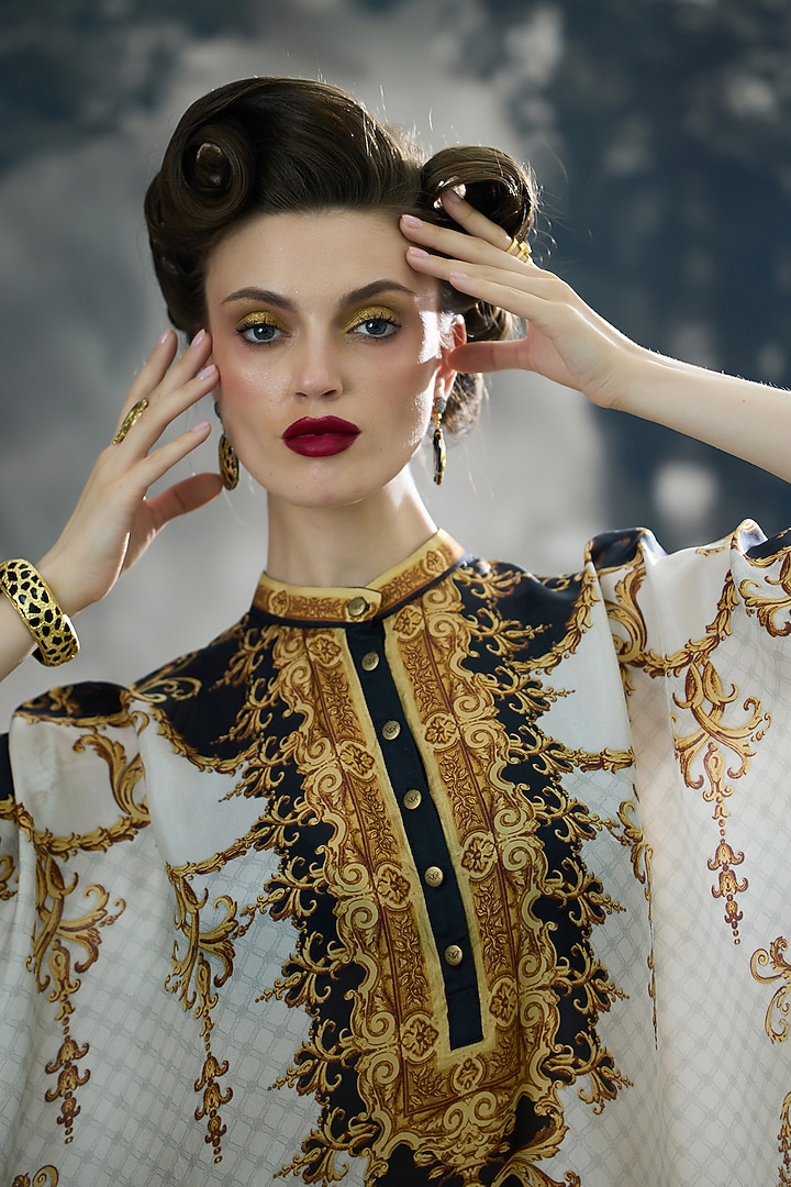 Black & Gold Silk Printed Tunic Set by Rajdeep Ranawat at Pernia's Pop Up Shop