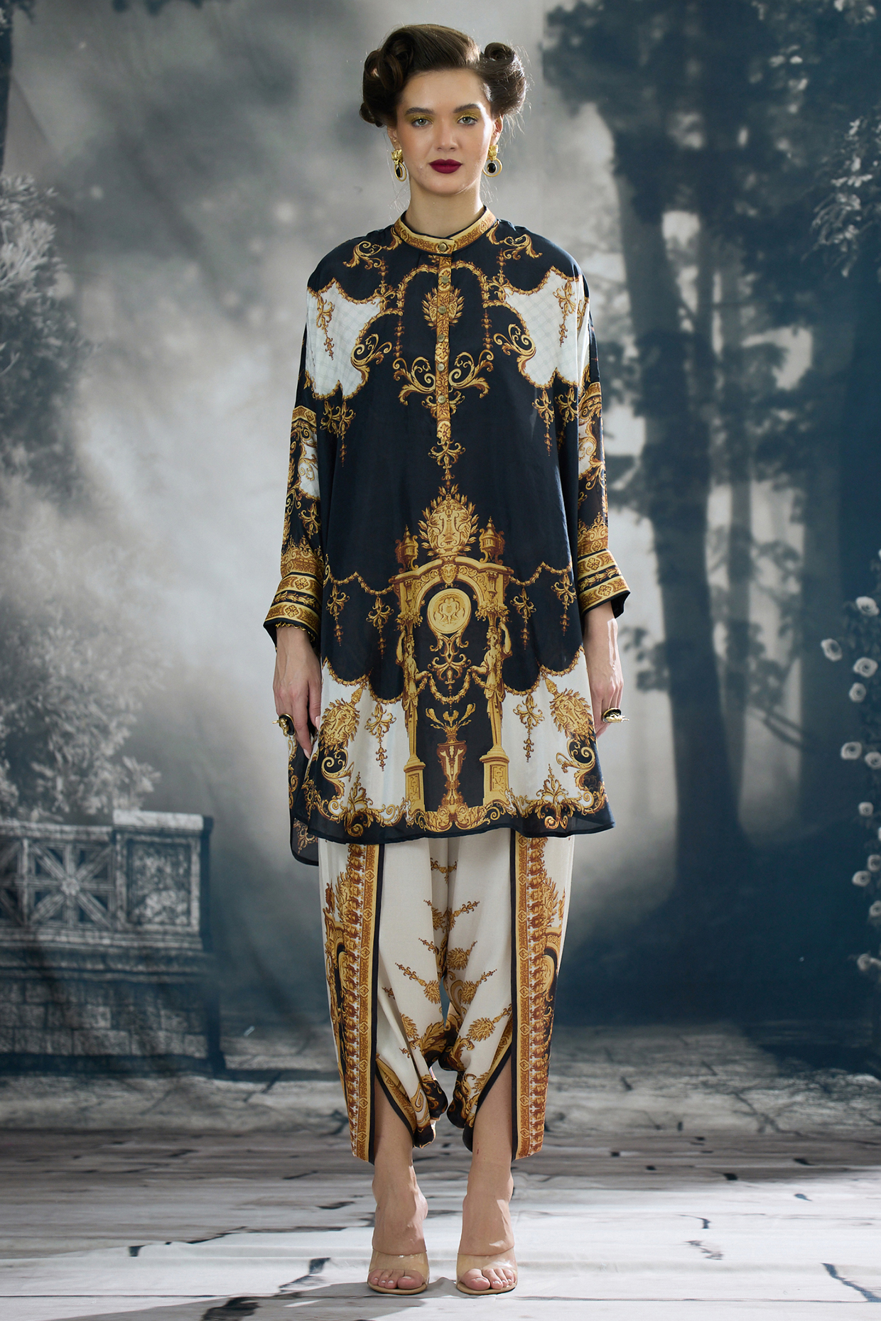 Black & Gold Silk Printed Tunic Set by Rajdeep Ranawat at Pernia's Pop Up Shop
